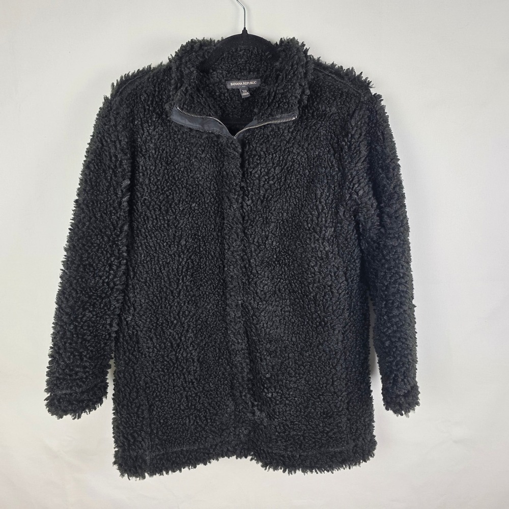 Banana Republic Black Sherpa Fleece Teddy Jacket Petite XS Full Zip Coat